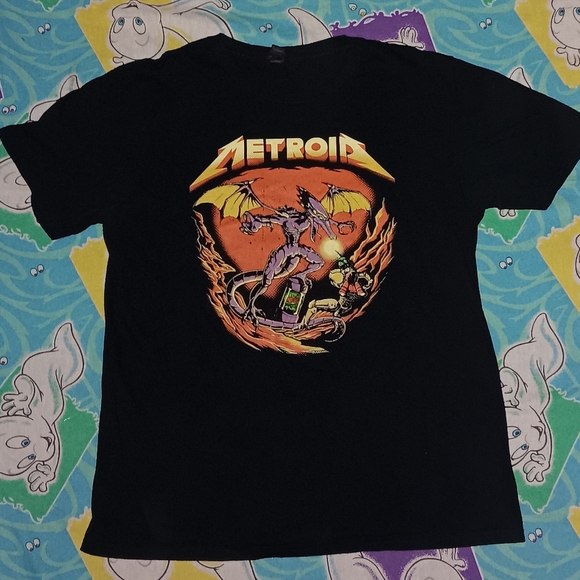 Metroid Metallica Logo Enter Samus Video Game Metal Band Shirt Rock Tee Nes - Picture 2 of 5